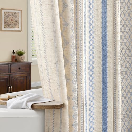 Light Blue Boho Linen Shower Curtain,72" W x 72" L