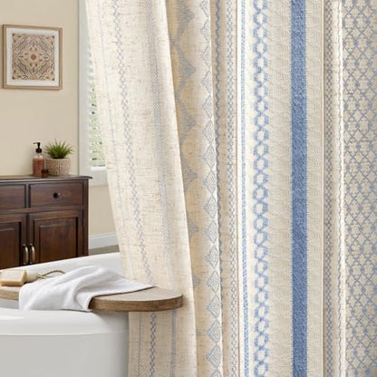 Light Blue Boho Linen Shower Curtain,72" W x 72" L
