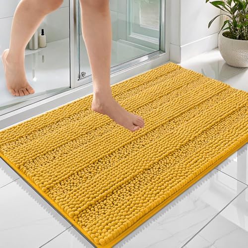 OLANLY Thick Bathroom Rugs 36x24, Chenille Striped Bath Rugs, Golden Yellow
