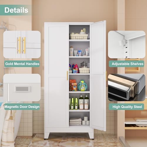 Metal Pantry Cabinet with 2 Doors and 5 Adjustable Shelves, 75"Kitchen Storage cabinets with Gold Handles, Versatile Storage for Laundry Room, Living Room, Bathroom, Dinning Room, Utility Room-White