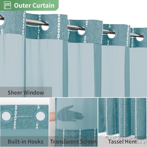 eachope Boho Farmhouse No Hook Shower Curtain with snap Liner,71x74,Teal