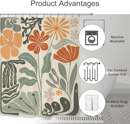 Retro Flower Matisse 70s Shower Curtain 72Wx72L Inch Colorful Groovy Vintage Trendy Funky Sage Green Orange Bathroom Set Accessories Decor with 12 Pack Hooks