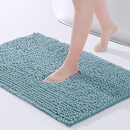 FRESHMINT Chenille Bathroom Rugs Mat 32”x20”, Non-Slip Bath Mat for Bathroom Floor & Bathtub, Washable Soft Shower Shag Bath Rugs, Durable Fluffy Thick Water Absorbent Microfiber Shower Mat, Blue