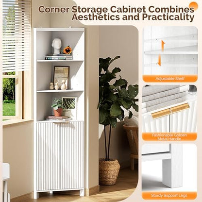 VINGLI Tall Corner Cabinet with Fluted Doors, 68" White Corner Storage Cabinet with Adjustable Shelves, Freestanding Wood Corner Bookshelf for Bathroom, Living Room & Kitchen, Space-Saving