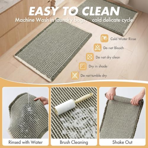 MIULEE Set of 2 Waffle Bathroom Rugs Boho Bath Mat Green&Cream 18x30 Inch