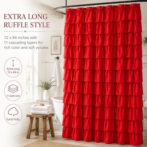 Red Ruffle Shower Curtain for Bathroom, 72x84, Christmas Bathroom Decor