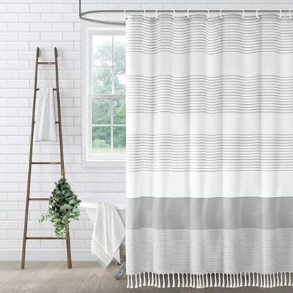 Grey Farmhouse Cotton Striped Shower Curtain with Tassel 60"W X 72"L