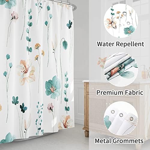Gibelle Teal Beige Watercolor Floral Fabric Shower Curtain, 72x78