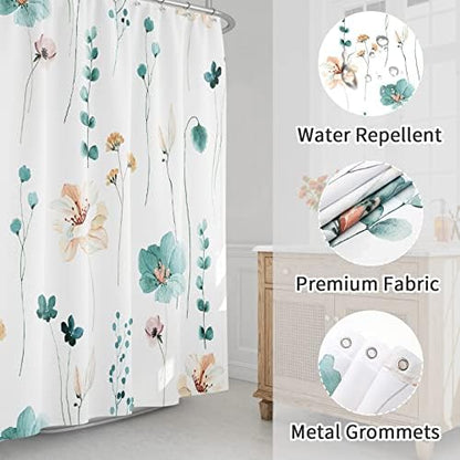 Gibelle Teal Beige Watercolor Floral Fabric Shower Curtain, 72x78