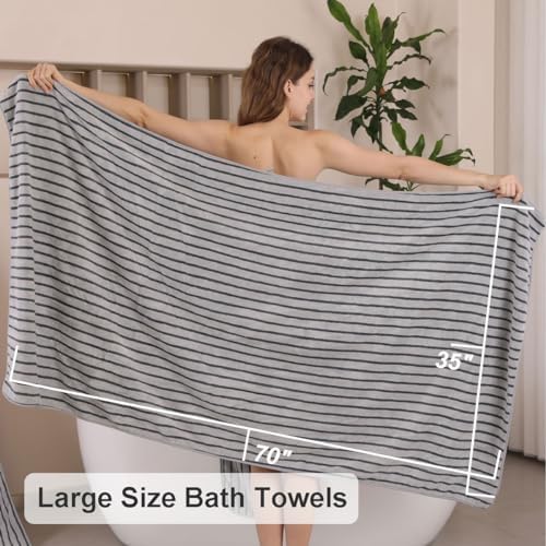 4 Piece Grey Cabana Stripe Large Bath Towels Oversized Bath Sheet Super Soft Breathable Jumbo Bathroom Towels Highly Absorbent Shower Towel Quick Dry Beach Chair Towel Spa Gym Hotel Towel Set
