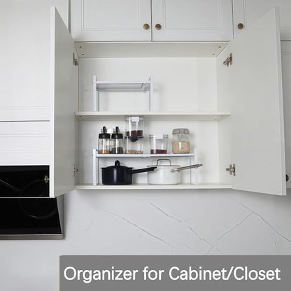 Expandable Cabinet Shelf Organizer Riser for Kitchen Pantry Cupboard Under Sink Countertop (white, 8.2’’D * 12.2-21.6’’W * 7.7’’H)