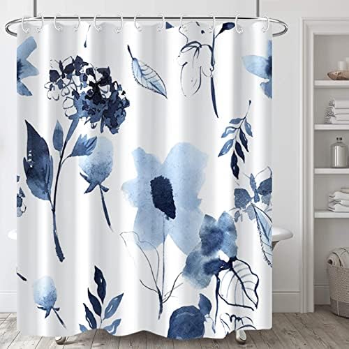 AWERT Blue Floral Shower Curtain for Bathroom Watercolor Ink Flowers Shower Curtain with Hooks Waterproof Fabric Bathroom Decor 60x72inch