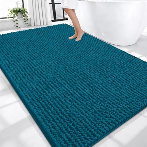 OLANLY Thick Chenille Bathroom Runner Rugs Mats 47x17, Peacock Blue