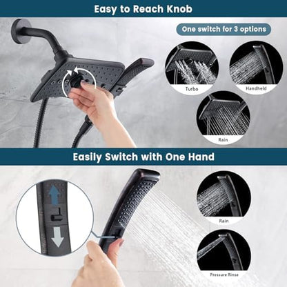BRIGHT SHOWERS High Pressure Dual Shower Head Combo, Oil Rubbed Bronze Rainfall Showerhead with Detachable Handheld, 60" Stainless Steel Hose, Four Spray Settings