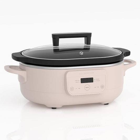 MAGNIFIQUE 6 Quart Programmable Slow Cooker Removable Healthy Nonstick Pot - Small Kitchen Appliance for Family Dinners - Serves 6+ People - Heat Settings: Keep Warm Pink