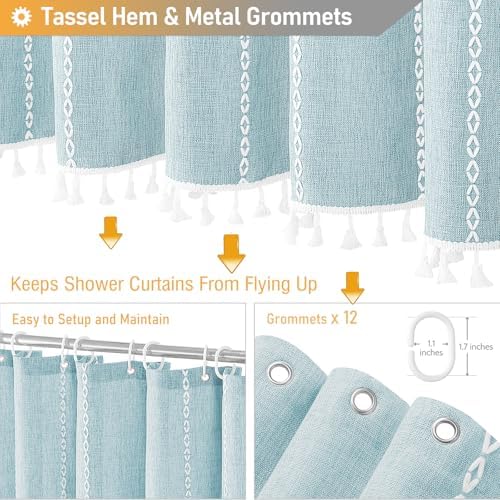 BTTN 72x96 Extra Long Boho Linen Heavy Duty Shower Curtain Set, Fog Blue