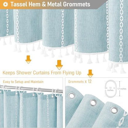 BTTN 72x96 Extra Long Boho Linen Heavy Duty Shower Curtain Set, Fog Blue