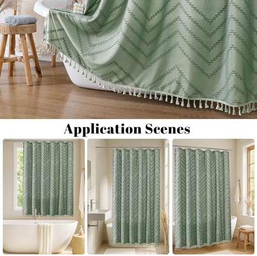 OWENIE Small Boho Stall Shower Curtain, Sage Green Fabric Cloth Stall Shower Curtain 36 x 72 Half Size with Tassel Tufted Chevron Striped Textured Modern Farmhouse for Bathroom, Machine Washable