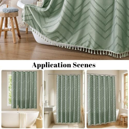 OWENIE Boho Shower Curtain, Sage Green Fabric Cloth Shower Curtains Farmhouse Tufted Chevron Striped Textured with Tassel for Bathroom, Soft Hotel Style Modern Minimalist, Machine Washable, 72x72
