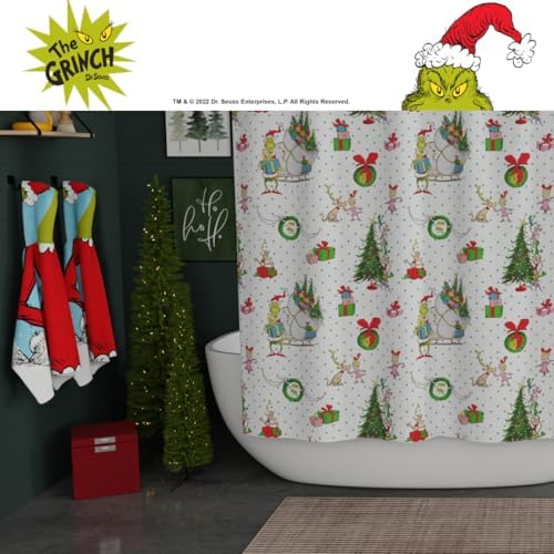 Grinch Wrapping Paper Holiday Christmas 13-Piece Shower Curtain Set, 72 x 72 Inch Fabric Curtain with Hooks, Bathroom Decor, Machine Washable, (100% Officially Licensed Product) by Franco Collectibles