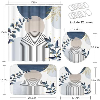 Bathroom Sets with Shower Curtain and Rugs, 4 Pcs, Boho Leaves