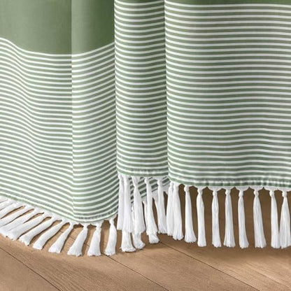 Sage Green Boho Cotton Striped Shower Curtain with Tassel 60"W X 72"L