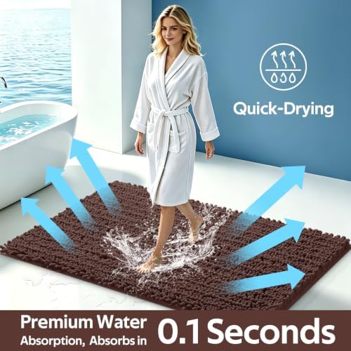 ACCUMTEK Upgrade Extra Large Brown Bathroom Rug Set 3 Pieces Ultra Soft, Thick Absorbent Bath Mats, Non Slip Chenille Toilet Mat for Bathroom, Bedroom, Kitchen, Dark Coffee