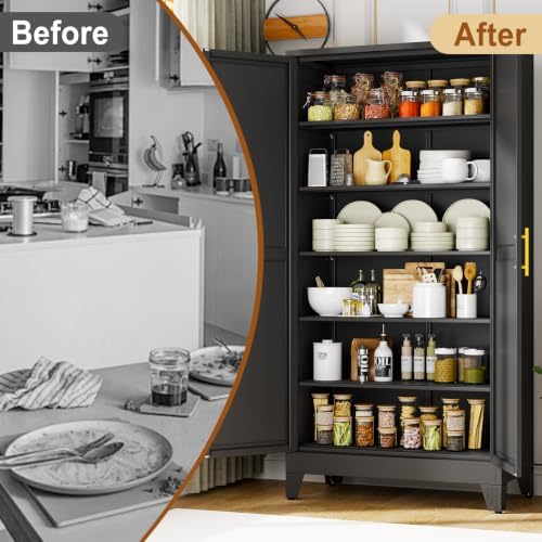 79" Black Metal Storage Cabinet with 2 Doors and 5 Adjustable Shelves,Steel Garage Tool Cabinet, File Cabinet,Kitchen Pantry Cabinet for Home,Office,Garage,School,Warehouse