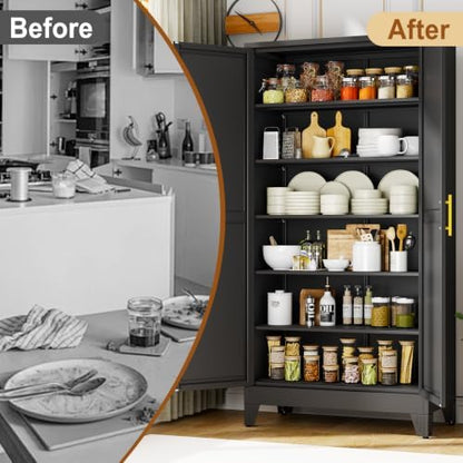 79" Black Metal Storage Cabinet with 2 Doors and 5 Adjustable Shelves,Steel Garage Tool Cabinet, File Cabinet,Kitchen Pantry Cabinet for Home,Office,Garage,School,Warehouse