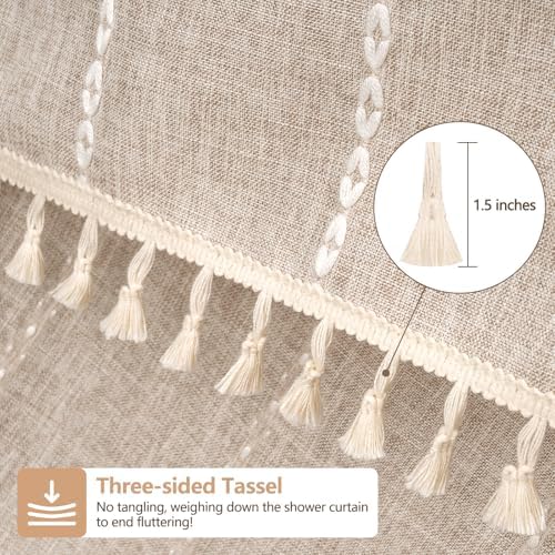 Seenus Boho Farmhouse Shower Curtain Heavyweight with Tassels, 72 x 84 Inch Extra Long Taupe Linen Textured Fabric Shower Curtain for Bathroom, Tan and White Striped Bath Décor Curtain Water Repellent