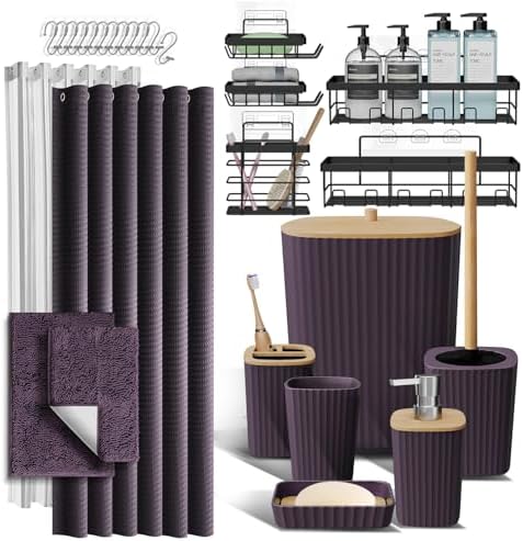 Clara Clark Bathroom Accessories Set - 27PC Bathroom Set with Adhesive Corner Shower Caddy Hanging, Bathroom Sets with Shower Curtain and Rugs, Purple Shower Curtain Set with Bathroom Trash Can