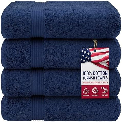 American Veteran Towel, 100% Cotton Turkish Bath Towels for Bathroom 4 Pack, 27x54 Extra Large Premium Soft Drying Bathroom Towels, Navy Blue