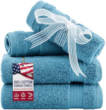 American Veteran Towel, 100% Cotton Turkish Washcloths for Bathroom Essentials 4 Pack, Soft Absorbent Wash Cloths Quick Drying Small Towels Washrags, Sky Blue