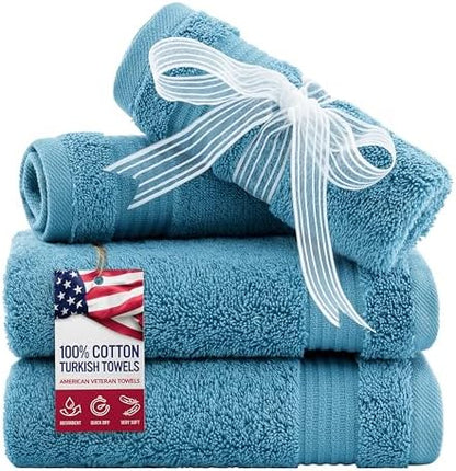 American Veteran Towel, 100% Cotton Turkish Washcloths for Bathroom Essentials 4 Pack, Soft Absorbent Wash Cloths Quick Drying Small Towels Washrags, Sky Blue