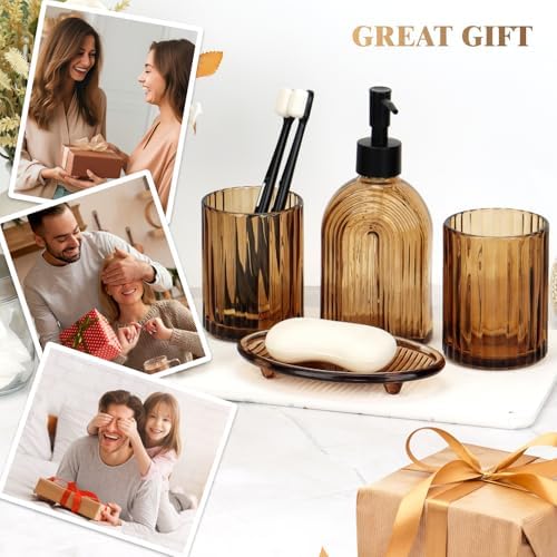 Bathroom Accessories Set, 4Pcs Glass Bathroom Accessories Set Complete, 11.6OZ Lotion Soap Dispenser, Toothbrush Holder, Mouthwash Cup, Soap Dish for Bathroom Decor, Countertop Organizer (Amber)