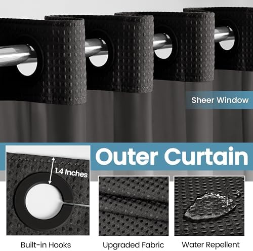 EUTXL Heavyweight No Hook Shower Curtain with Liner, Black, 54x74