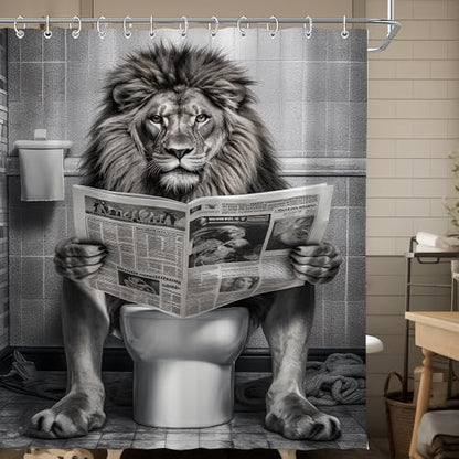 Farmhouse Funny Lion Mens Shower Curtain for Bathroom 72W*72H Inch Black and White Humor Animal Reading on Toilet Bathtub Decor Western Country Animal Waterproof Polyester Fabric Set with 12 Hooks