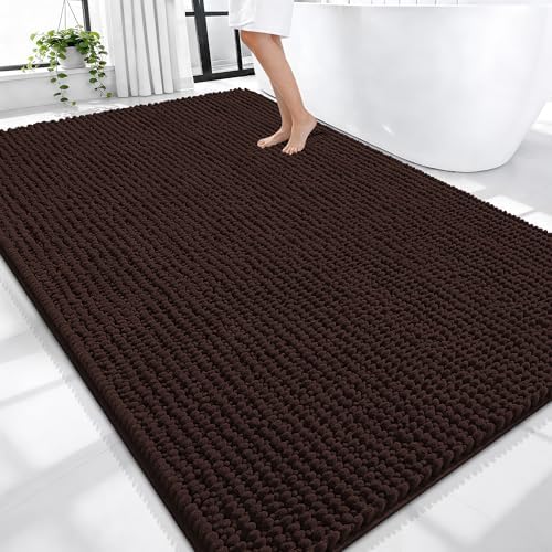 OLANLY Thick Chenille Large Bathroom Rugs 70x46, Absorbent Bath Mat, Brown