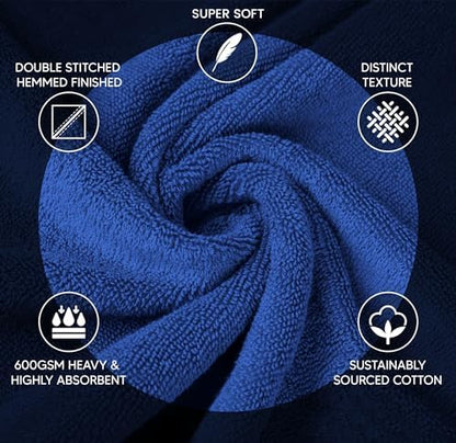 Luxury Towels for Bathroom Set of 8-2 Bath Towels 2 Hand Towels 4 Washcloths - 600 GSM 100% Cotton Ring Spun Viscose Border Towels Set - Royal Blue