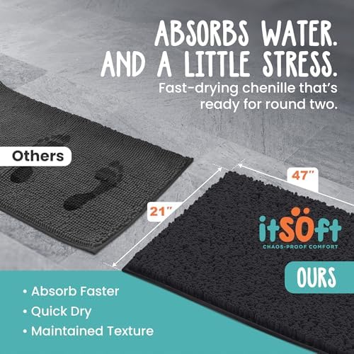 ITSOFT Large Plush Bathroom Rug 47"x21", Absorbent Machine Washable Non Slip Chenille Bath Mats, Quick Dry Bathmat, Bath Rugs for Bath, Shower, Bedroom, Door Mat, Black