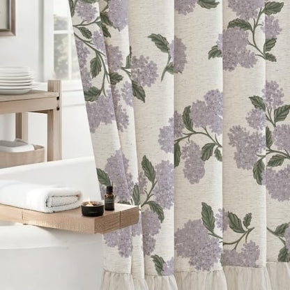ORTIGIA Linen Textured Ruffle Shower Curtain with Metal Hooks, Vintage Purple Hydrangea Floral Boho Waterproof Bath Curtain for Rustic Farmhouse Bathroom Decor 72x72 Inch