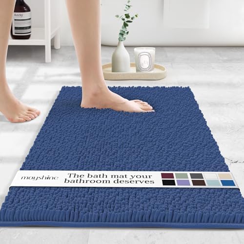 MAYSHINE SmallPlush Shaggy Chenille Bath Mat 24"x17" Extra Soft, Super Absorbent, Non-Slip Bathroom Rug | Fluffy Microfiber, Area Rug Sets for Bathroom Floor, Kitchen, Living Room | Dark Blue