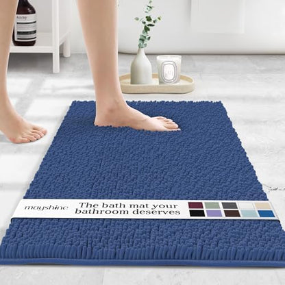 MAYSHINE Large Plush Shaggy Chenille Bath Mat 39"x24" Extra Soft, Super Absorbent, Non-Slip Bathroom Rug | Fluffy Microfiber, Area Rug Sets for Bathroom Floor, Kitchen, Living Room | Dark Blue