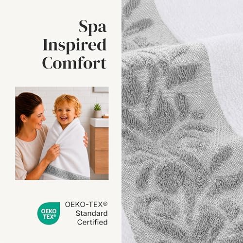 Modern Threads 6 Piece Bath Towel Set – Bathroom Towel Set with 2 Bath Towels, 2 Hand Towels & 2 Washcloths – 100% Cotton, Soft & Absorbent – Jacquard Border (Silver)