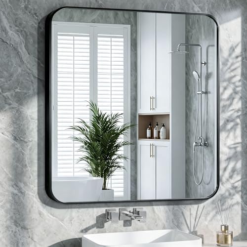 Bathroom Mirror 40"x40" Matte Black Rectangle Bathroom Wall Mirror for Over Sink, Modern Large Vanity Mirror, HD Tempered Glass, Anti-Rust Aluminum Alloy Frame, for Living Room, Bedroom, Entryway