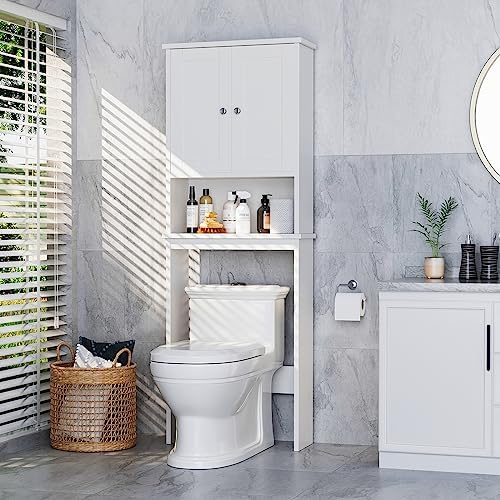 Over the Toilet Storage Cabinet, Bathroom Storage Organizer Over Toilet, Space Saver W/Adjustable Shelf & Open Shelf, White