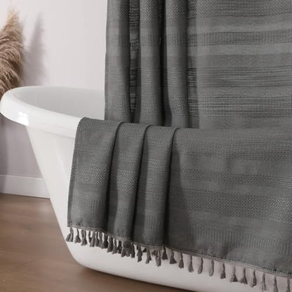 OVZME Boho Shower Curtain 72 Inch Long, Modern Farmhouse Rustic Striped Tassel Fabric Shower Curtain for Bathroom, Heavy Duty Vintage Country Bathroom Decoration, 72Wx72L Inches, Charcoal Grey
