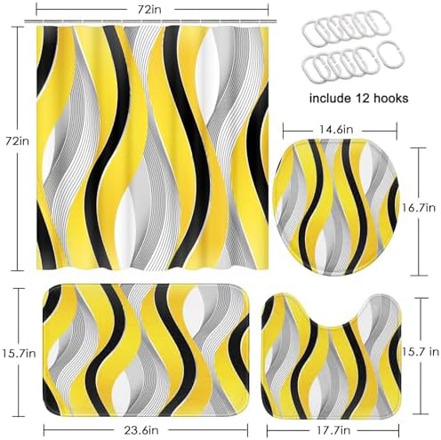 Bathroom Sets with Shower Curtain and Rugs, 4 Pcs Geometric Yellow