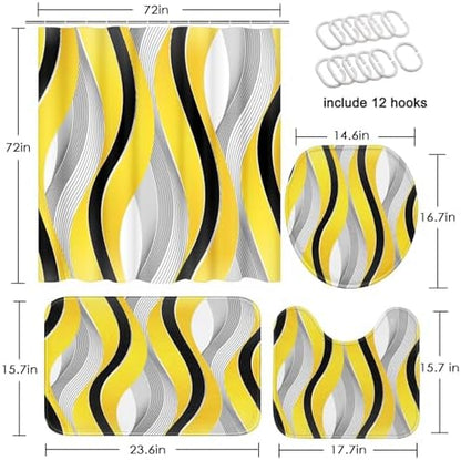 Bathroom Sets with Shower Curtain and Rugs, 4 Pcs Geometric Yellow