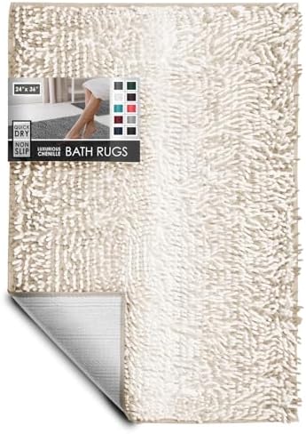 Hearth & Harbor Bathroom Rugs, Chenille Bath Mat - Machine Washable Bath Mats for Bathroom Non-Slip Backing Rubber, Quick Dry Bathroom Mat, 24 x 36 - Ombre Beige